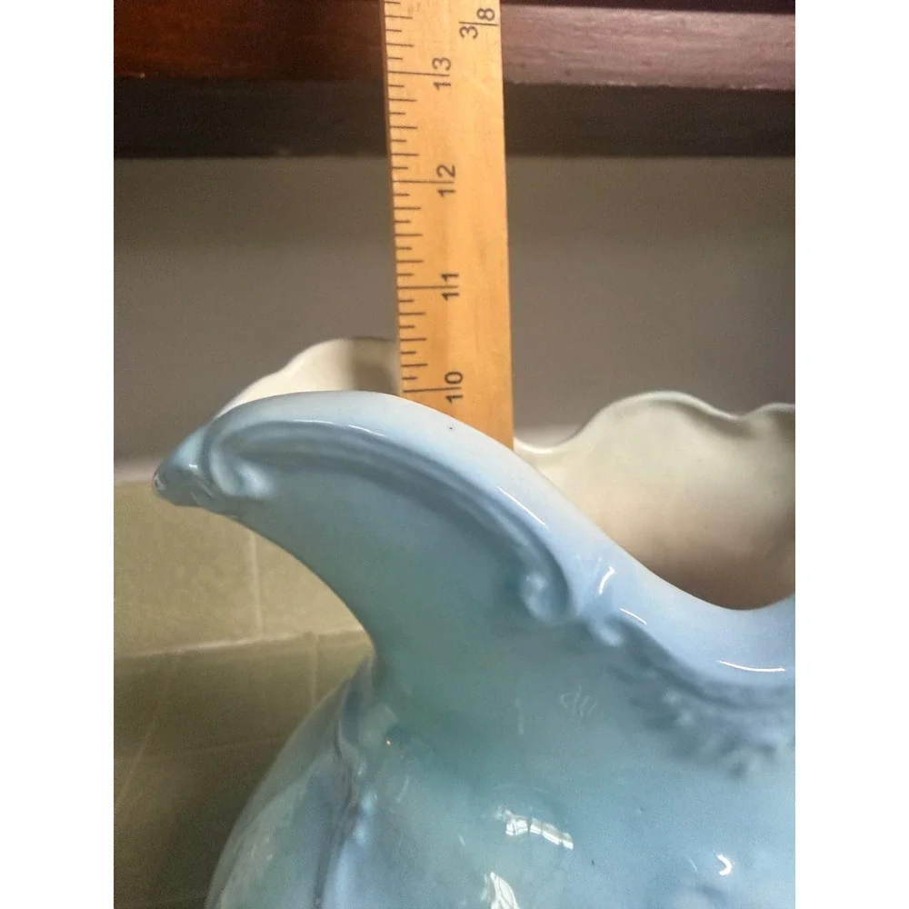 Vintage Blue Embossed Ceramic Pitcher Scalloped Rim Floral Vase 10.5 Inch 60789